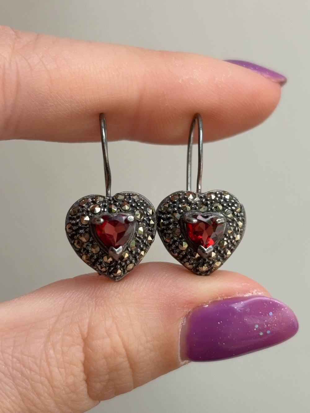 Sterling Silver Art Deco Garnet Gemstone and Marcasite Vintage Drop Earrings